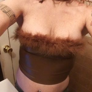 Mocha Brown Marabou & Faux Leather Or Vinyl Crop Top Tube Top (S)